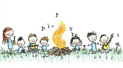 Children Enjoying a Campfire Sing-Along with Musical Instruments and Smiles in a Fun Outdoor Setting