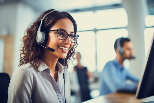 Friendly female call center agent wearing headset is assisting clients online