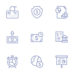 Finance icons set. Thin Line style, editable stroke. analytics, banking, business and finance, liability, money, pie chart, shield, time is money, world