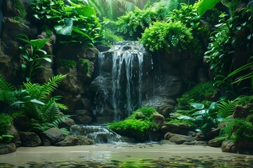 A serene waterfall surrounded by lush greenery and vibrant plants.