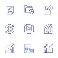 Finance icons set. Thin Line style, editable stroke. analytics, billing, calculator, credit, family, fluctuation, statistics, trade, trend