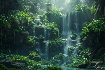A serene waterfall surrounded by lush greenery and vibrant vegetation.