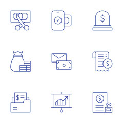 Finance icons set. Thin Line style, editable stroke. cut, finance, folder, mobile payment, money, presentation, stone, transaction history, unsecured loan