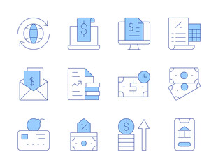 Finance icons. Line Duotone style, editable stroke. billing, trade, report, liability, time is money, taxes, invoice, money, online banking, deposit, profit, salary