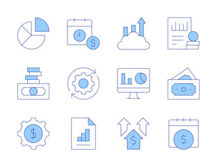 Finance icons. Line Duotone style, editable stroke. data management, gear, cash, business intelligence, line graph, money, graph, profit, development, payday