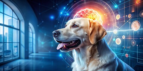 Candid Photography of Dogs with Injuries from Foreign Body Trauma Featuring a Glowing Brain and Big Data Visualization on an AI Analytics Dashboard