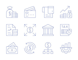 Finance icons. Thin Line style, editable stroke. cash, graphic, investment, report, salary, tax, credit card, expand, flow, accounting, bank, budget