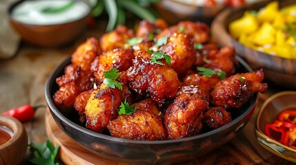 Fototapeta premium Golden fried yucca and delicious chicken chunks garnished with rice