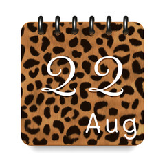 August. Leopard print calendar daily icon. White letters. Date day week Sunday, Monday, Tuesday, Wednesday, Thursday, Friday, Saturday.