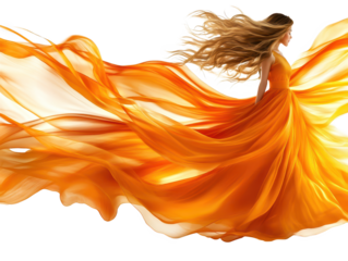 Woman in yellow dress flies through the air, a captivating display of grace and freedom