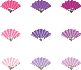 さまざまな濃淡の9種類の扇子、扇面はピンクと紫で、扇骨は茶色