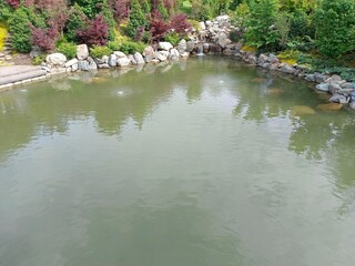 A pond with stones in a Japanese garden.