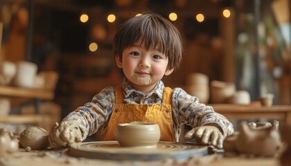Child sculpting clay on a pottery wheel, creative energy in the air, surrounded by pottery tools, raw clay, and handmade ceramic pieces