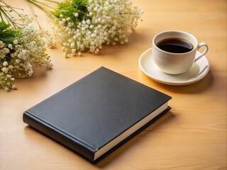 Fototapeta premium Black Book Mockup with Gypsophila, Coffee, and Workspace Accessories