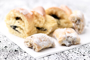 Stollen Bites on bright background. Soft focus. Close up.
