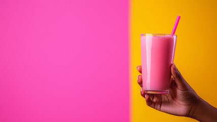 Refreshing pink smoothie in glass held against vibrant backgrounds