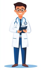Fototapeta premium Friendly male doctor in a white coat holding a clipboard and smiling, ideal for medical and healthcare themes