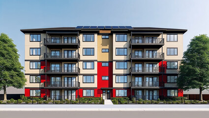 Modern apartment building with solar panels and balconies displaying sustainable urban living