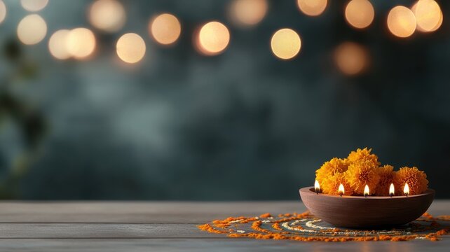A decorative bowl with marigold flowers and candles, illuminated by soft bokeh lights, creating a serene and festive atmosphere.