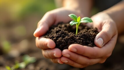 Banner of a close-up of hands holding soil with a small plant sprouting, engaging with the signs of spring for the first time. Spring theme