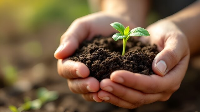 Fototapeta Banner of a close-up of hands holding soil with a small plant sprouting, engaging with the signs of spring for the first time. Spring theme