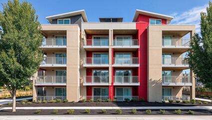 Obraz premium Modern apartment building with balconies and red accents showing sustainable design