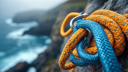 Vibrant ropes lie against rugged cliffs with sea waves crashing below, suggesting adventure awaits