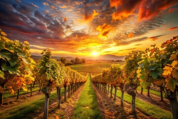 Naklejka premium Captivating Double Exposure Photography of a Vineyard at Golden Hour, Blending Nature and Light for an Enchanting Sunset Experience in Wine Country