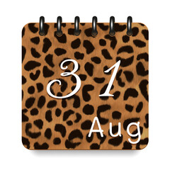 August. Leopard print calendar daily icon. White letters. Date day week Sunday, Monday, Tuesday, Wednesday, Thursday, Friday, Saturday.