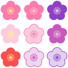9種類の梅の花で、色はピンクと紫と薄ピンクと赤と薄紫