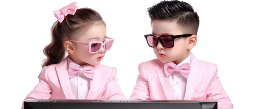 Two little childs with sunglasses discover the digital world on a laptop, journey of learning and exploration - Powered by Adobe