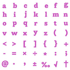 鈍い紫色の、掠れたアルファベット小文字と記号