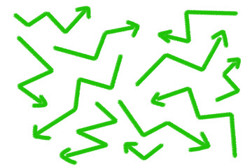 Arrow sign set drawn on white paper with green crayons