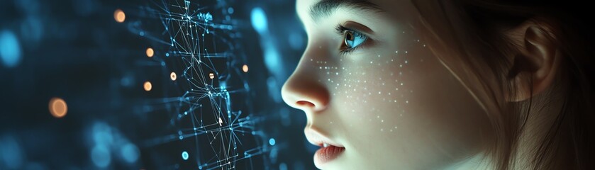 Fototapeta premium Person engaged with a biometric face recognition interface, data points and facial recognition mapped on a dark blue, techforward background