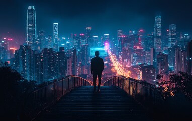 Person on stairs in a modern city, interacting with a cyber security interface, neonlit skyline at night, digital protection concepts