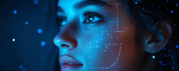 Persons face illuminated by a face recognition interface, biometric data and digital lines, dark blue background, futuristic and secure technology design