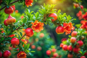 Fototapeta premium Captivating Low Light Photography of Pomegranate Flowers and Fruit Trees in Bloom, Showcasing Nature’s Beauty in a Soft, Dimly Lit Environment for Stunning Visual Appeal