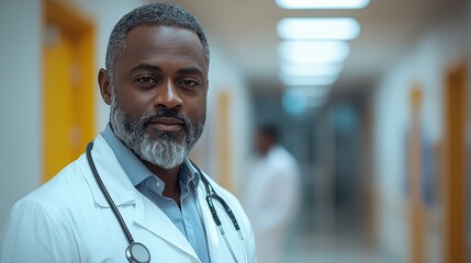 Fototapeta premium Middle-aged African male doctor in white coat stands confidently in hospital corridor