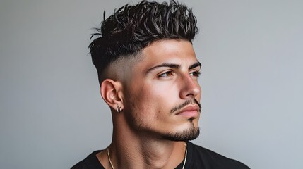 Obraz premium A striking portrait of a man with textured, voluminous hair and a clean fade, paired with subtle facial hair and a confident profile pose.