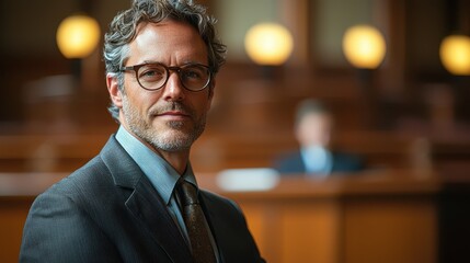 Fototapeta premium Middle-aged Caucasian male lawyer poses confidently in a courtroom setting during a legal proceeding