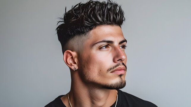 A striking portrait of a man with textured, voluminous hair and a clean fade, paired with subtle facial hair and a confident profile pose.