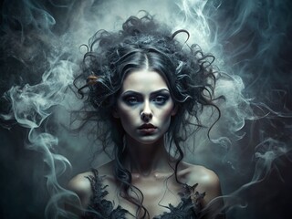 Captivating Minimalist Art Depicting a Sinister Feminine Wraith Formed from Dark Smoke and Smoky Tendrils in an Ethereal, Eerie Atmosphere