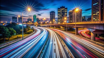 Obraz premium Captivating Night Photography of a High-Speed Light Network on a Busy Highway with Dynamic Trails of Illuminated Vehicles and City Lights Reflecting in the Surroundings