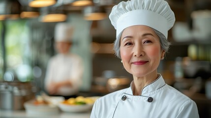 Senior female Asian chef prepares dishes in a modern restaurant kitchen