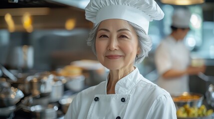 Senior female chef in professional kitchen preparing dishes with passion and expertise