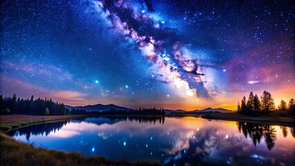 Obraz premium Captivating Panoramic Night Sky Filled with Stars Over a Serene Landscape at Dusk, Perfect for Nature Lovers and Stargazing Enthusiasts