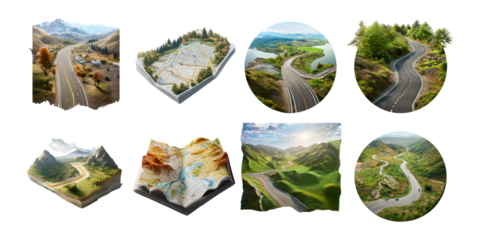 Scenic Roadways Through Lush Landscapes and Hills, PNG collection, set bundle, isolate on transparent or white background