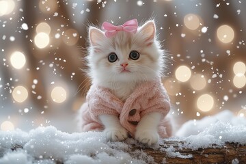 White kitten in pink winter coat. A playful white kitten wearing a pink winter coat and a pink bow, sitting on a snowy log with sparkling snowflakes. AI generated image.