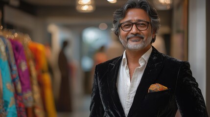 Fototapeta premium Senior male fashion designer in traditional attire showcasing elegant clothing collection