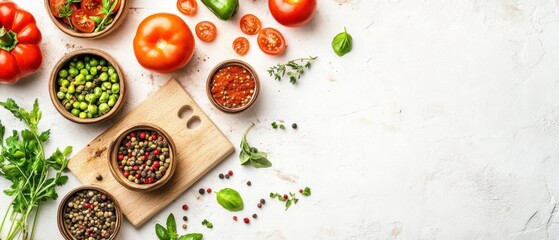 Vibrant Flatlay of Fresh Vegetables, Herbs, and Spices on White Background